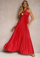 Czerwona Asymetryczna Sukienka Plisowana na Jedno Ramię z Gumką w Talii Elashay. Czerwone sukienki damskie Renee, bez wzorów, z materiału, eleganckie, z asymetrycznym kołnierzem, bez ramiączek, maxi, asymetryczne. Za 99.99 zł.