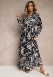 Niebieska Sukienka z Koszulową Górą i Egzotycznym Printem z Wiskozy Meriviona. Niebieskie sukienki damskie Renee, na co dzień, na lato, l, bez wzorów, z materiału, eleganckie, bez kołnierzyka, bez ramiączek, maxi, koszulowe. Za 119.99 zł.