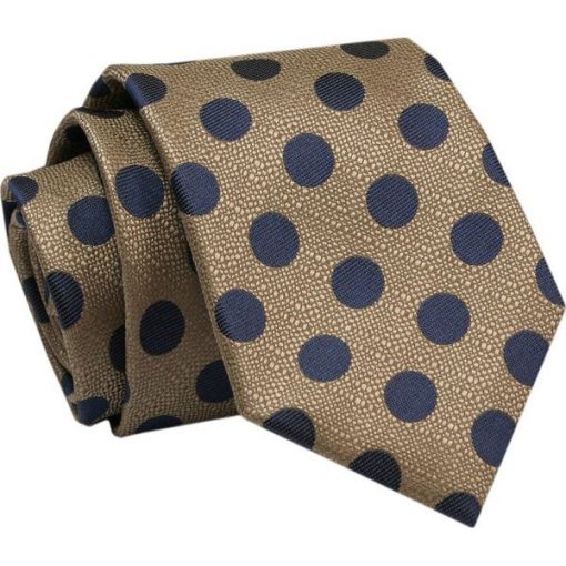 Elegancki, Klasyczny, Męski Krawat -ALTIES - Beż w Granatowe Grochy. Krawaty i muchy Alties, bez wzorów, z tkaniny, eleganckie. Za 55.00 zł.