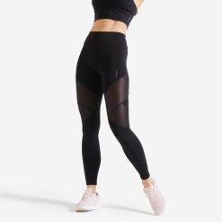 Legginsy fitness damskie Domyos. Czarne legginsy damskie DOMYOS, l, bez wzorów, z materiału, z podwyższonym stanem, długie, na fitness i siłownię. Za 69.99 zł.