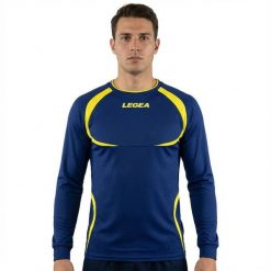 Oddychająca koszulka biegowa Taipei ML niebiesko-żółta. Niebieskie koszulki sportowe damskie Legea, bez wzorów, z poliesteru, bez kołnierzyka, bez ramiączek, do biegania. Za 48.00 zł.