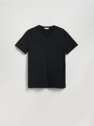 Bawełniany t-shirt slim fit - czarny. Czarne t-shirty męskie Reserved, l, bez wzorów, z bawełny, bez kołnierzyka. Za 59.99 zł.