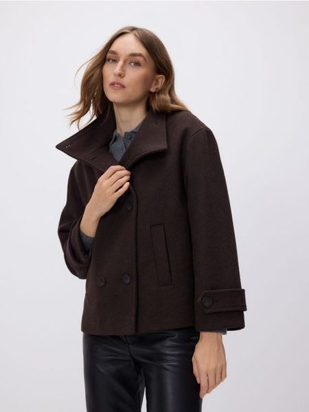 Krótka kurtka z wełną - ciemnobrązowy. Brązowe kurtki damskie Reserved, l, bez wzorów, z tkaniny, bez kaptura. Za 299.99 zł.