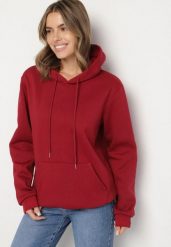 Bordowa Bluza z Kapturem i Kangurkową Kieszenią Envila. Czerwone bluzy męskie Born2be, l, bez wzorów, z jeansu, z kapturem. Za 59.99 zł.