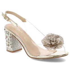 Złote Sandały S.Barski Eleganckie Obuwie Damskie Na Obcasie. Żółte klapki damskie S.BARSKI, z aplikacjami, bez obcasa, na obcasie, bez zapięcia. Za 199.00 zł.