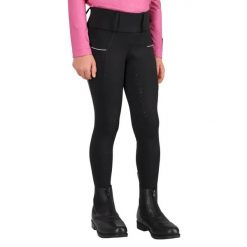 Dziewczęce legginsy jeździeckie z pełną przyczepnością QHP Isalyn. Czarne legginsy dla dziewczynek QHP, z aplikacjami, z elastanu. Za 273.50 zł.
