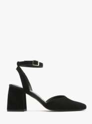 Welurowe czółenka z paskiem wokół kostki. Czarne czółenka damskie Ryłko, bez wzorów, ze skóry, bez obcasa, na słupku, bez zapięcia. W wyprzedaży za 179.99 zł.