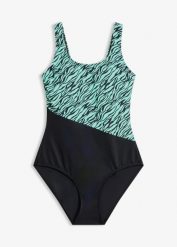 Kostium kąpielowy w paski zebry. Zielone kostiumy jednoczęściowe damskie bonprix, bez wzorów. Za 69.99 zł.