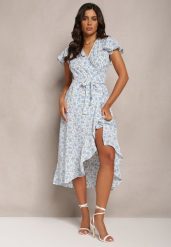 Niebieska Kopertowa Sukienka w Kwiaty Wakena. Niebieskie sukienki damskie Renee, l, z aplikacjami, z tkaniny, bez kołnierzyka, bez ramiączek, midi, kopertowe. Za 69.99 zł.