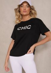 Czarny T-shirt z Bawełny Ozdobiony Perełkami i Napisem Naloreth. Czarne bluzki damskie Renee, m, bez wzorów, z bawełny, eleganckie, bez kołnierzyka. Za 34.99 zł.
