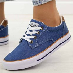 Jeansowe trampki damskie American Club Lh124. Niebieskie obuwie sportowe damskie American CLUB, bez wzorów, z jeansu, biznesowe, bez zapięcia. Za 99.00 zł.