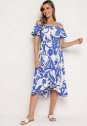 Niebiesko-Biała Sukienka Typu Hiszpanka na Ramiączkach z Gumką w Pasie i Kopertowym Dołem Nellithine. Niebieskie sukienki damskie Born2be, na co dzień, na lato, l, bez wzorów, eleganckie, bez kołnierzyka, bez ramiączek, midi, kopertowe. Za 79.99 zł.