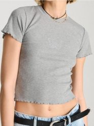 Koszulka z błyszczącą aplikacją - szary. Szare t-shirty damskie Sinsay, l, z aplikacjami, bez kołnierzyka. W wyprzedaży za 9.99 zł.