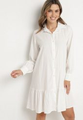 Biała Sukienka z Wiskozą o Koszulowym Kroju z Falbanką Penzedi. Białe sukienki damskie Born2be, na co dzień, uniwersalny, bez wzorów, z wiskozy, eleganckie, bez kołnierzyka, bez ramiączek, mini, koszulowe. Za 84.99 zł.