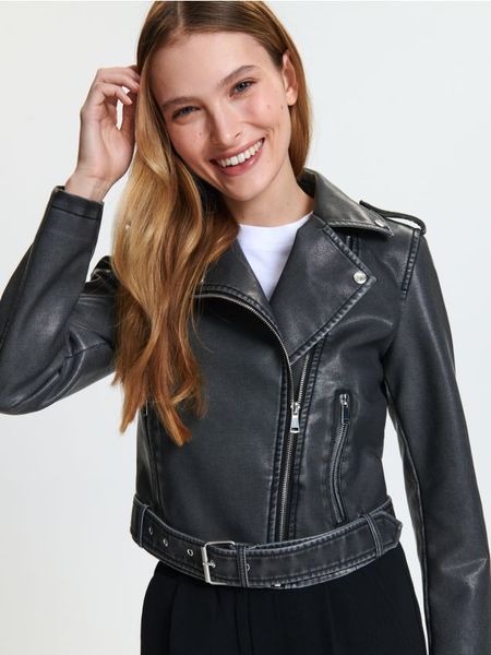 Kurtka ramoneska - czarny. Czarne kurtki damskie Sinsay, l, bez wzorów, ze skóry, bez kaptura. Za 99.99 zł.