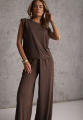 Brązowy Lejący Komplet Letni z Wiskozą Bluzka i Spodnie Wide Leg Nanassa. Brązowe t-shirty i topy dla dziewczynek Renee, bez wzorów, z tkaniny, bez ramiączek. Za 139.99 zł.