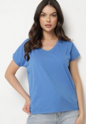 Niebieski Bawełniany T-shirt z Trójkątnym Dekoltem Linarosea. Niebieskie bluzki damskie Born2be, m, bez wzorów, z bawełny, bez kołnierzyka. Za 39.99 zł.