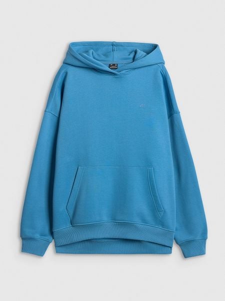 4F Bluza dresowa loose z kapturem damska - niebieska M. Niebieskie bluzy damskie 4f, m, bez wzorów, z dresówki, bez kołnierzyka, bez ramiączek, z kapturem. Za 199.99 zł.