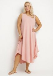Różowa Rozkloszowana Sukienka z Bawełną Nairilo. Czerwone sukienki damskie Born2be, na spacer, na lato, xl, bez wzorów, z bawełny, eleganckie, bez kołnierzyka, bez ramiączek, midi, rozkloszowane. Za 74.99 zł.