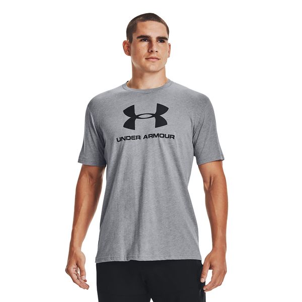 Koszulka fitness męska Under Armour Sportstyle Logo SS. Szare buty sportowe męskie Under Armour, m, bez wzorów, bez kołnierzyka, bez ramiączek, na fitness i siłownię. Za 74.99 zł.