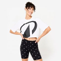Koszulka z krótkim rękawem damska Domyos Gym & Pilates crop top. Białe koszulki sportowe damskie DOMYOS, xl, bez wzorów, z bawełny, sportowe, bez kołnierzyka. Za 49.99 zł.