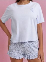 Bawełniana piżama dwuczęściowa ze wzorkiem - błękitny. Niebieskie piżamy damskie Sinsay, l, bez wzorów, z bawełny, bez ramiączek. Za 39.99 zł.