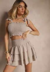 Beżowy Komplet Dopasowany Top z Wiązaniem i Spódnica o Rozkloszowanym Kroju Evianea. Brązowe spódnice damskie Renee, na lato, m, bez wzorów, eleganckie, dopasowane. Za 54.99 zł.