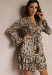 Beżowa Sukienka Laodothee. Brązowe sukienki damskie Renee, na imprezę, l, z aplikacjami, eleganckie, bez kołnierzyka, bez ramiączek, midi, dopasowane. Za 119.99 zł.