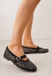 Czarne Balerinki w Stylu Mary Jane z Cyrkoniami i Ażurową Cholewką Lyphenne. Czarne baleriny damskie Renee, z aplikacjami, z jeansu, glamour, bez obcasa. Za 109.99 zł.