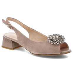 Sandały damskie S.Barski, ze skóry naturalnej z efektowną biżuteryjną ozdobą i stabilnym obcasem, beżowe, CR61-3030. Brązowe półbuty damskie S.BARSKI, z aplikacjami, ze skóry, bez obcasa, na obcasie, bez zapięcia. Za 305.90 zł.