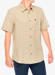 Koszula podróżnicza Fjallraven Ovik Travel Shirt SS. Żółte koszule męskie Fjällräven, s, bez wzorów, z materiału, klasyczne, bez kołnierzyka, bez ramiączek. Za 401.49 zł.