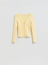 Kardigan z dodatkiem wiskozy - jasnożółty. Żółte kardigany damskie Reserved, l, bez wzorów, z dzianiny. Za 119.99 zł.
