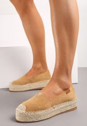 Ciemnobeżowe Espadryle na Plecionej Platformie z Ekozamszu Avalana. Brązowe espadryle damskie Born2be, bez wzorów, eleganckie, bez obcasa, bez zapięcia. Za 69.99 zł.