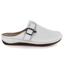 Klapki damskie zabudowane sanitarne białe Unisoft 9928. Białe klapki damskie Unisoft, bez wzorów, ze skóry ekologicznej, bez obcasa. Za 109.99 zł.