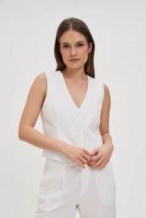 Kamizelka z dodatkiem lnu biała. Białe żakiety damskie MOODO, l, bez wzorów, z bawełny. Za 119.99 zł.