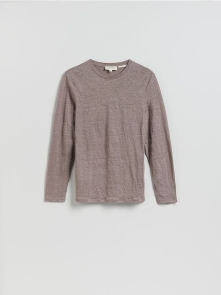 Lniany longsleeve - brązowy. Brązowe bluzki z długim rękawem męskie Reserved, l, bez wzorów, z jersey, bez kołnierzyka. W wyprzedaży za 129.99 zł.
