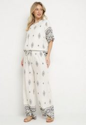 Beżowo-Szary Komplet Wiskozowy Bluzka i Spodnie w Boho Wzór Divenna. Brązowe spodnie materiałowe damskie Born2be, l, z aplikacjami, z materiału. Za 84.99 zł.