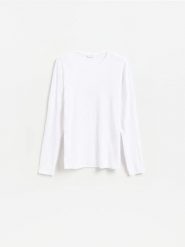 Longsleeve slim fit - biały. Białe bluzki z długim rękawem męskie Reserved, l, bez wzorów, z bawełny, bez kołnierzyka. Za 79.99 zł.