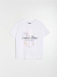 Bawełniana koszulka z napisem Canto de la Playa - biały. Białe t-shirty damskie Sinsay, l, bez wzorów, z bawełny, bez kołnierzyka. Za 25.99 zł.