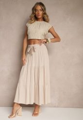 Beżowa SRozkloszowana Spódnica Maxi z Wiskozy z Materiałowymi Paskami Wintelis. Brązowe spódnice damskie Renee, na lato, l, bez wzorów, z materiału, eleganckie, maxi, dopasowane. Za 44.99 zł.