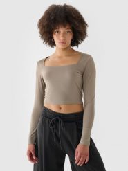4F Longsleeve slim gładki damski - brązowy L. Brązowe koszulki sportowe damskie 4f, l, bez wzorów, z dzianiny, bez kołnierzyka, bez ramiączek. W wyprzedaży za 29.99 zł.
