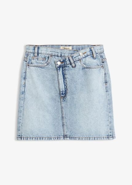 Spódnica jeansowa z asymetrycznym pasem. Niebieskie spódnice damskie bonprix, bez wzorów, z bawełny, asymetryczne. Za 59.99 zł.
