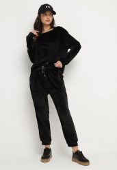 Czarny Welurowy Komplet Dresowy Bluza i Spodnie Typu Jogger Lisilwena. Czarne bluzy damskie Born2be, l, bez wzorów, z dresówki, bez kaptura. Za 89.99 zł.