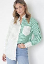 Zielono-Biała Koszula w Paski z Kołnierzem Aeshoma. Białe bluzki damskie Born2be, m, bez wzorów, z materiału, eleganckie, bez kołnierzyka, bez ramiączek. Za 84.99 zł.