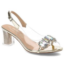 Złote Sandały S.Barski Eleganckie Buty Na Słupku. Żółte klapki damskie S.BARSKI, bez wzorów, eleganckie, bez obcasa, na obcasie. Za 149.00 zł.