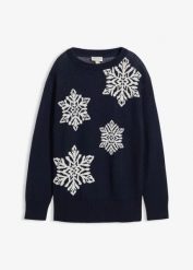 Sweter z okrągłym dekoltem i flokowanymi śnieżynkami. Niebieskie swetry damskie bonprix, na zimę, bez wzorów, wizytowe, bez kołnierzyka, bez ramiączek, bez kaptura. Za 99.99 zł.
