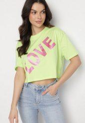 Zielony Bawełniany T-shirt Oversize o Krótkim Kroju z Napisem Sannelia. Zielone bluzki damskie Born2be, m, bez wzorów, z bawełny, bez kołnierzyka. Za 34.99 zł.