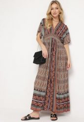 Brązowa Boho Sukienka z Szerokimi Rękawami z Gumką w Pasie i Wiązaniem na Plecach Piomina. Brązowe sukienki damskie Born2be, l, z aplikacjami, boho, bez kołnierzyka, bez ramiączek, maxi. Za 89.99 zł.