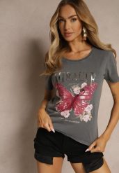Ciemnoszary T-shirt z Bawełny Ozdobiony Motylem i Metalicznym Napisem Zariellea. Szare bluzki damskie Renee, l, bez wzorów, z bawełny, eleganckie, bez kołnierzyka. Za 39.99 zł.