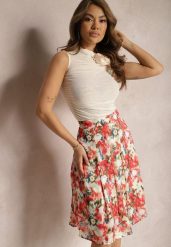 Beżowo-Czerwona Kwiecista Spódnica o Rozkloszowanym Fasonie High Waist Jastaria. Brązowe spódnice damskie Renee, na wiosnę, l, z aplikacjami, z materiału, z podwyższonym stanem, midi, proste. Za 69.99 zł.